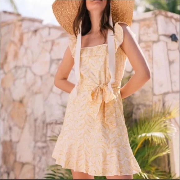 Gal Meets Glam Dresses & Skirts - Gal Meets Glam Abby Yellow Embroidered Eyelet Ruffled Sleeveless Belted Dress 12